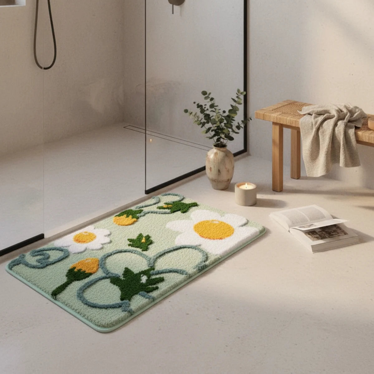 Tapis de Bain Motif Fleur Floral Vert