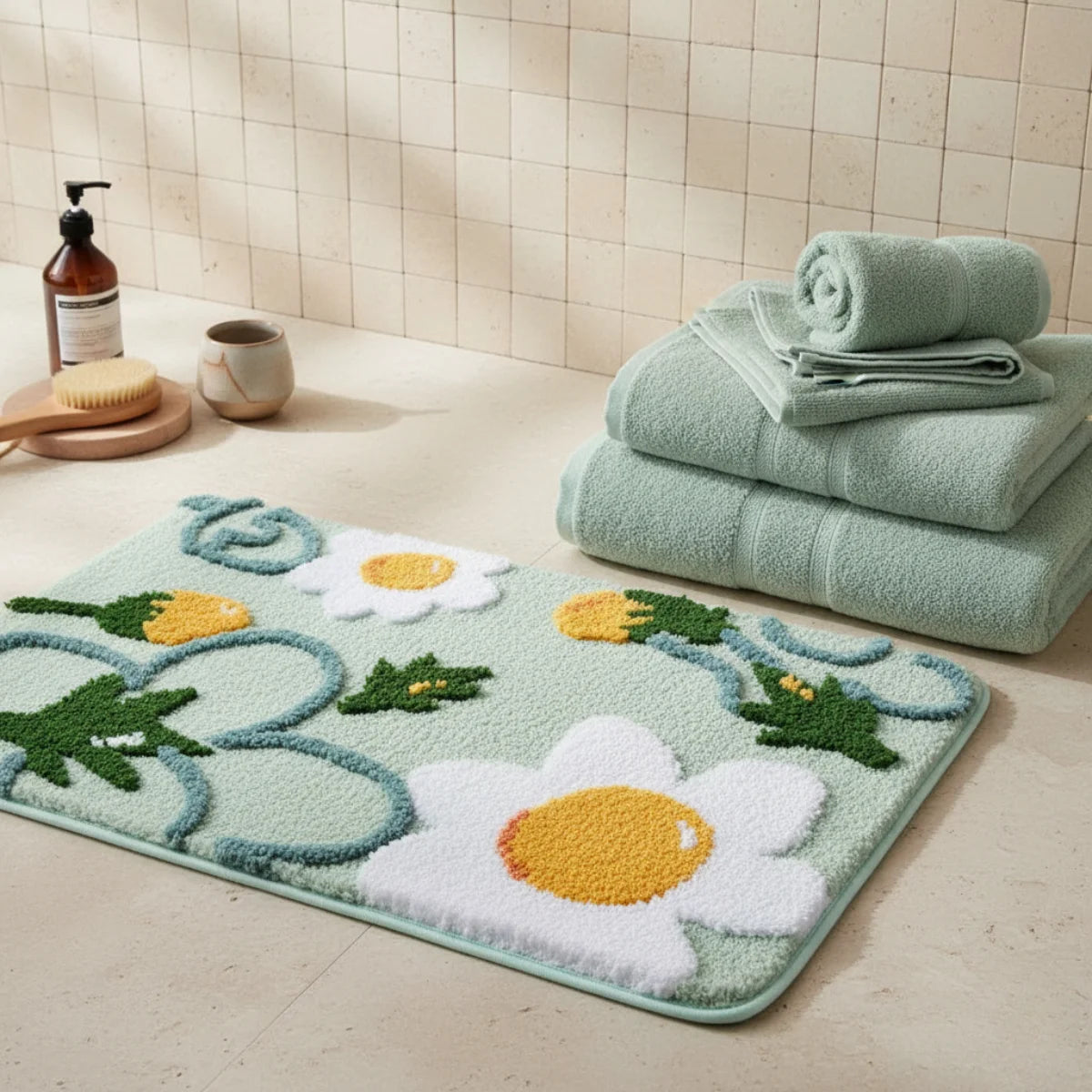 Tapis de Bain Motif Fleur Floral Vert