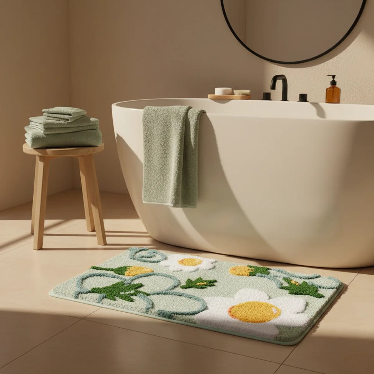 Tapis de Bain Motif Fleur Floral Vert