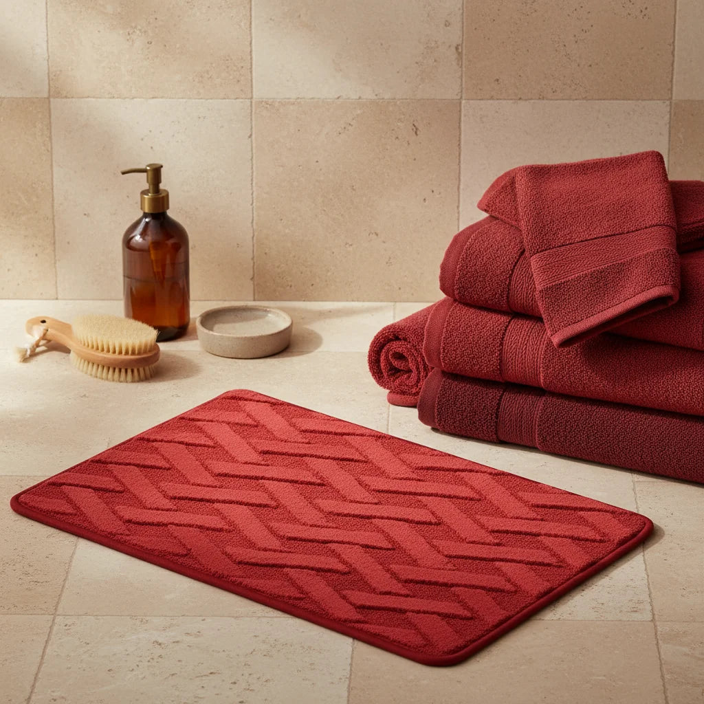 Tapis de Bain Motif Géométrique Rouge Profond