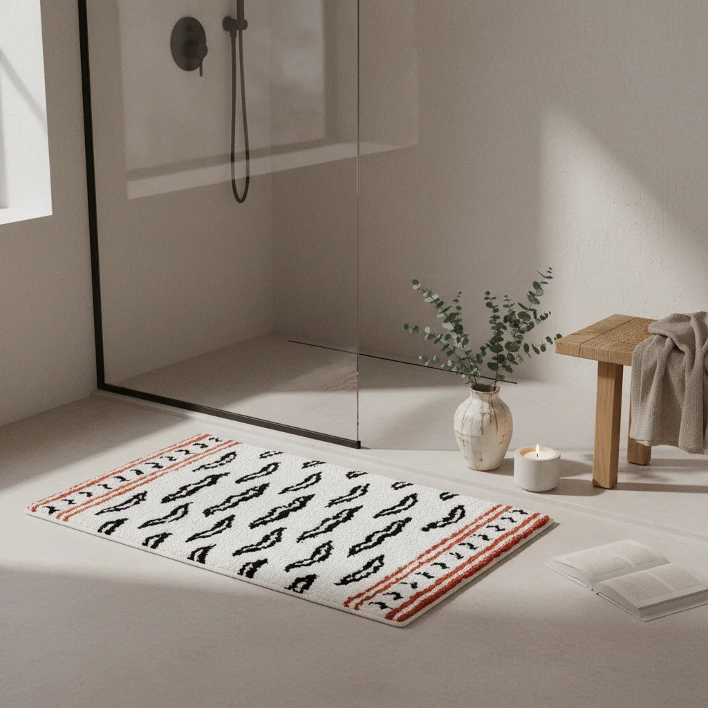 Tapis de Bain Motif Tigré Ethnique Écru