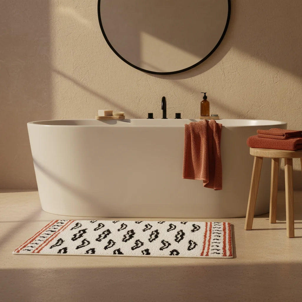 Tapis de Bain Motif Tigré Ethnique Écru