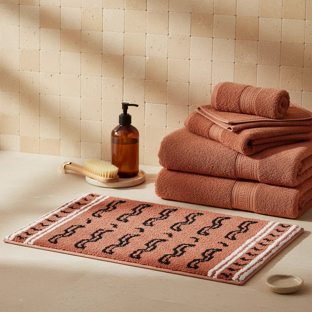 Tapis de Bain Motif Tigré Ethnique Brique