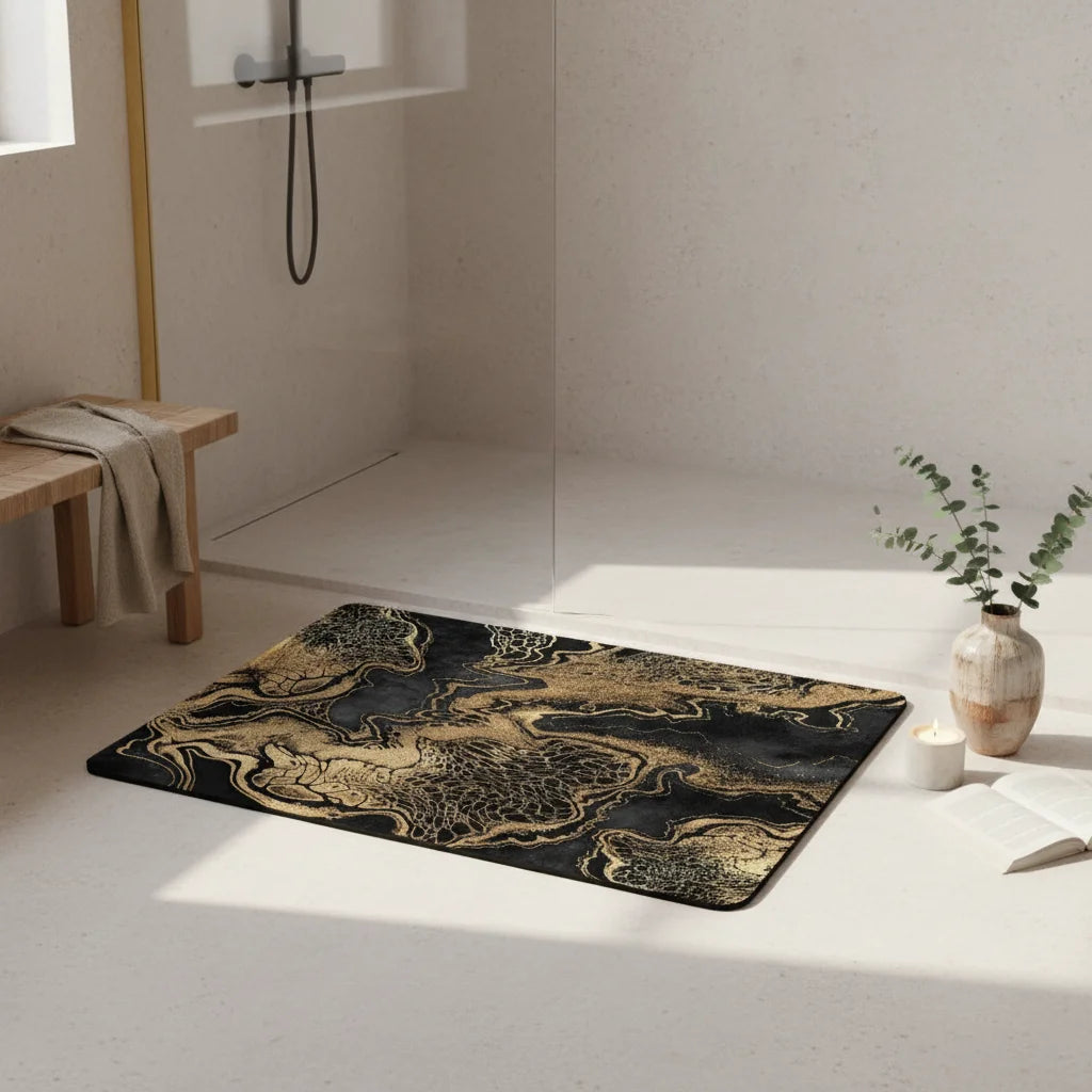 Tapis de Bain Noir et Doré Marbre Or