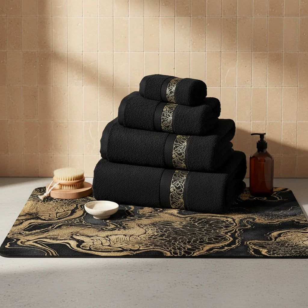 Tapis de Bain Noir et Doré Marbre Or