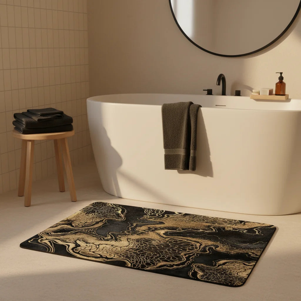Tapis de Bain Noir et Doré Marbre Or