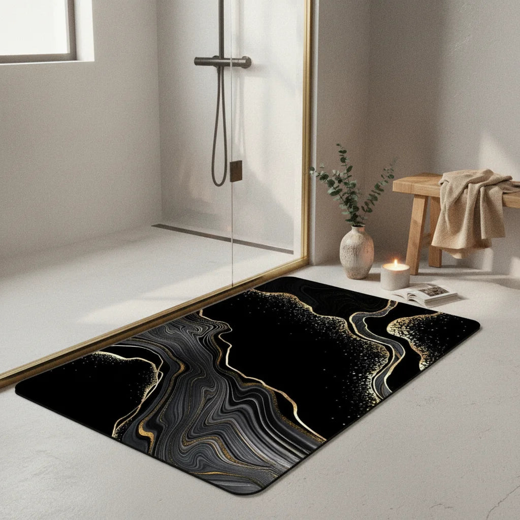 Tapis de Bain Noir et Doré Marbre Noir