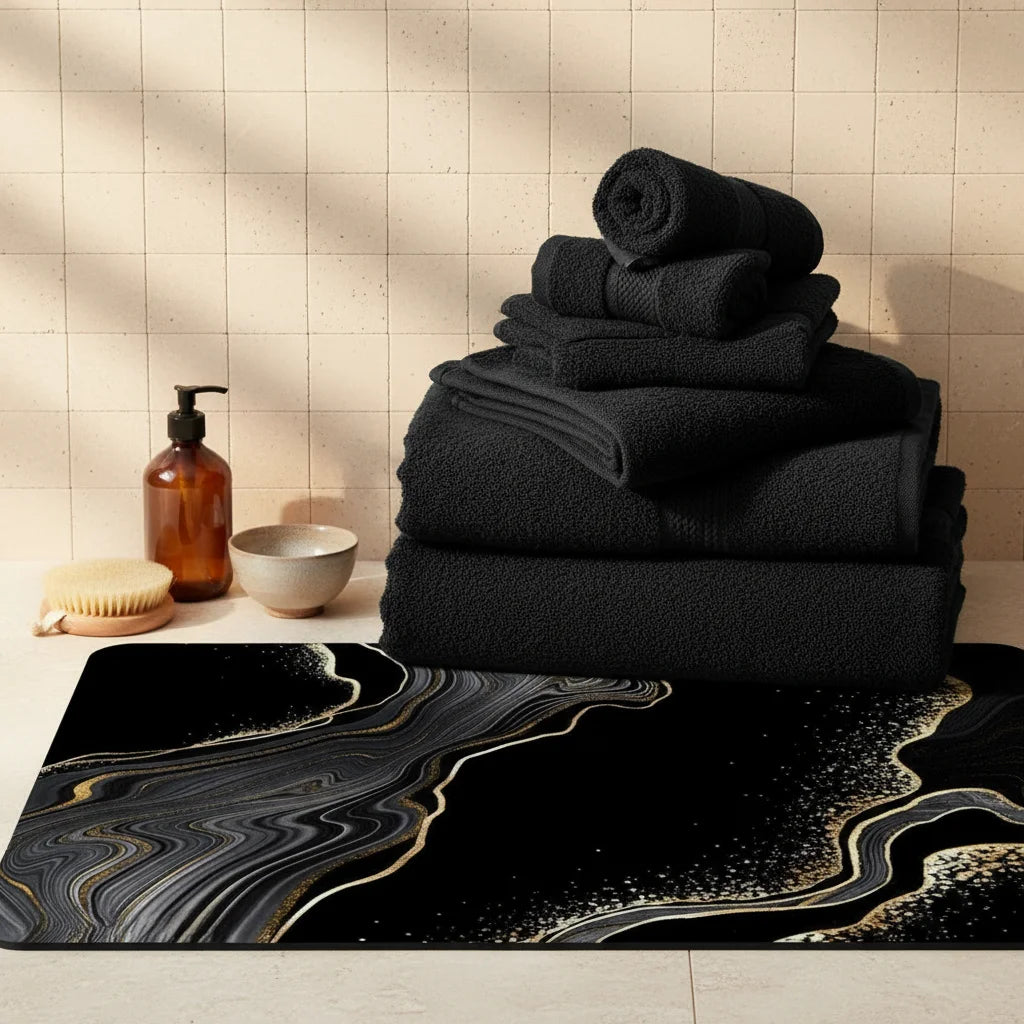 Tapis de Bain Noir et Doré Marbre Noir