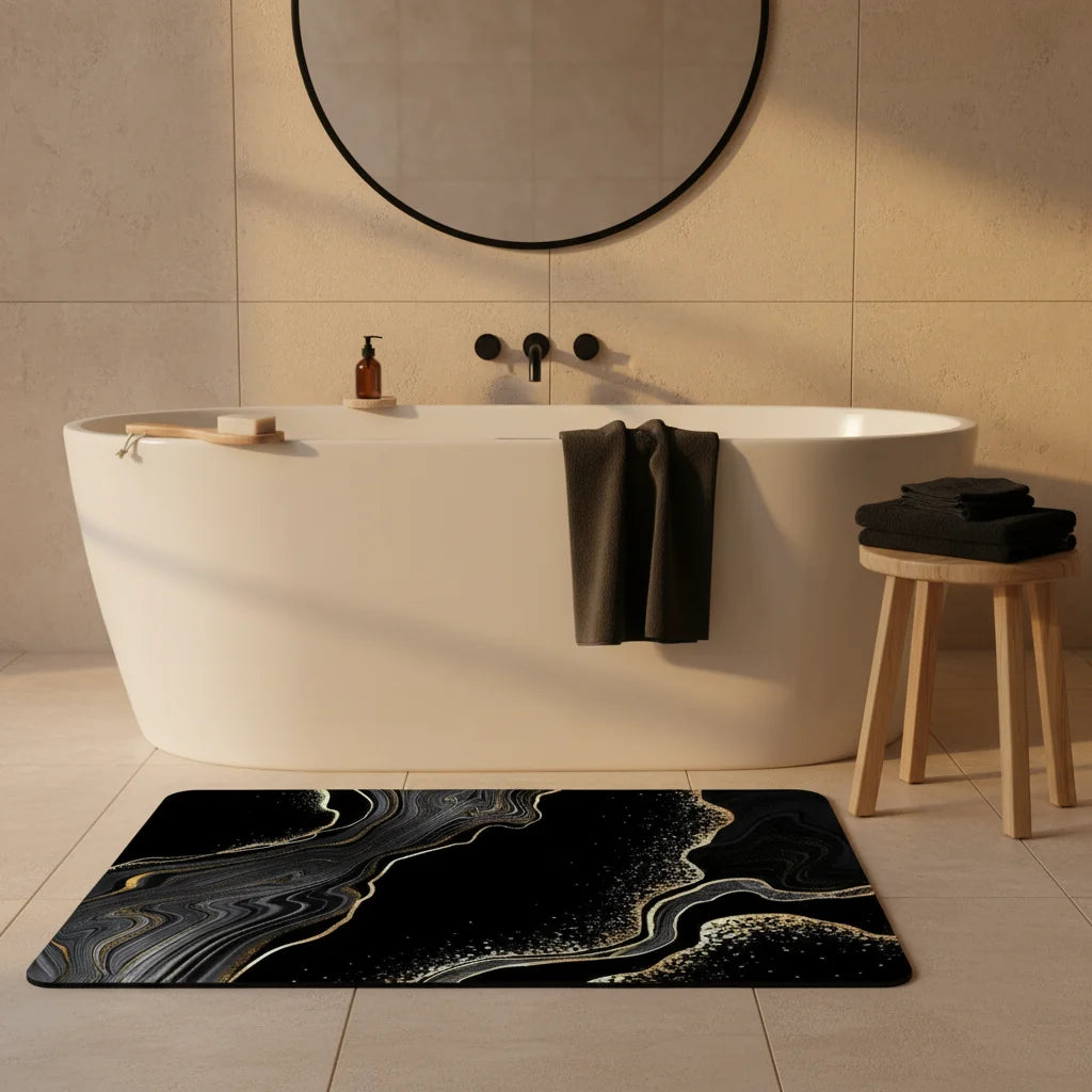 Tapis de Bain Noir et Doré Marbre Noir