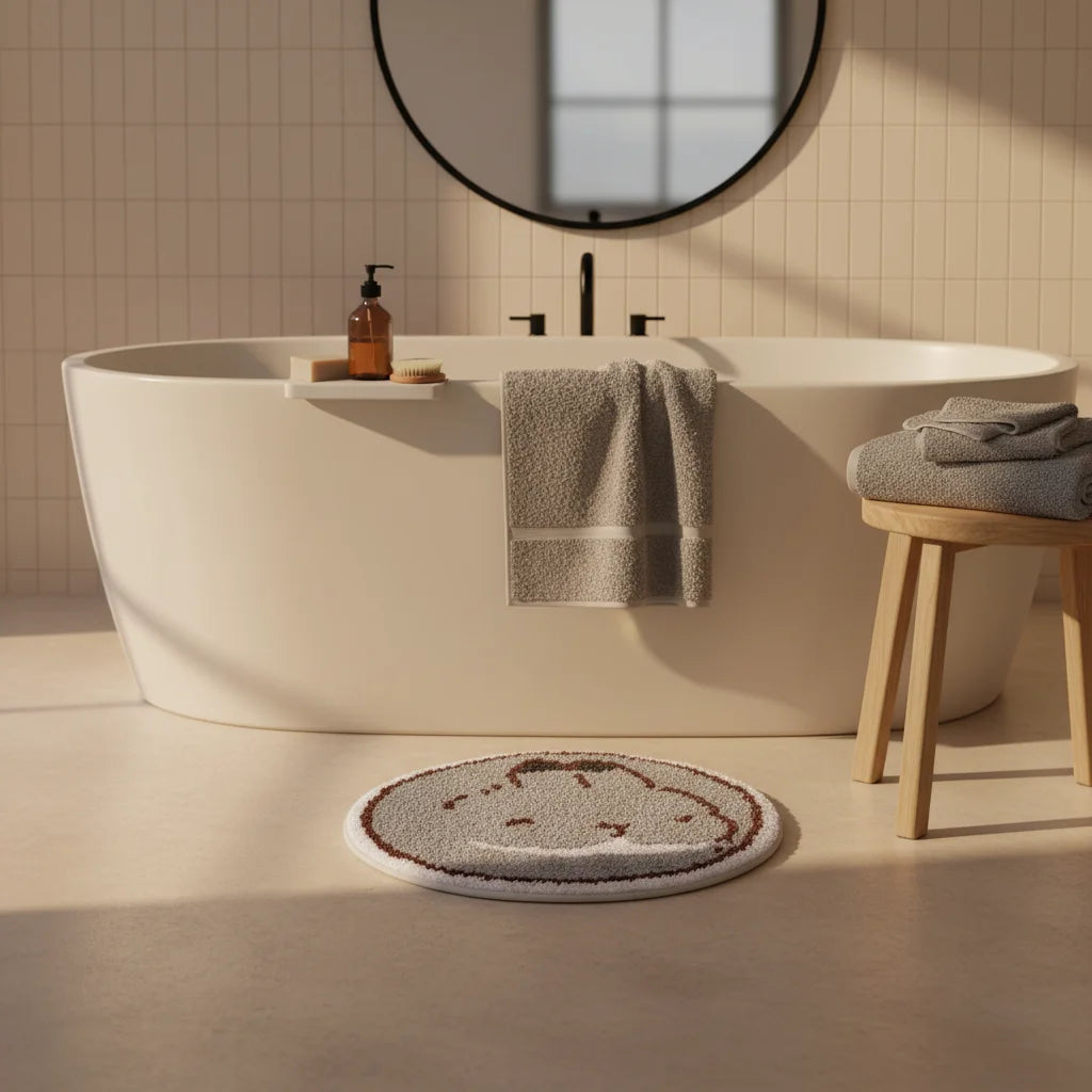 Tapis de Bain Rond Lapin Gris Perle