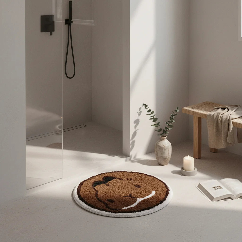 Tapis de Bain Rond Lapin Brun Caramel