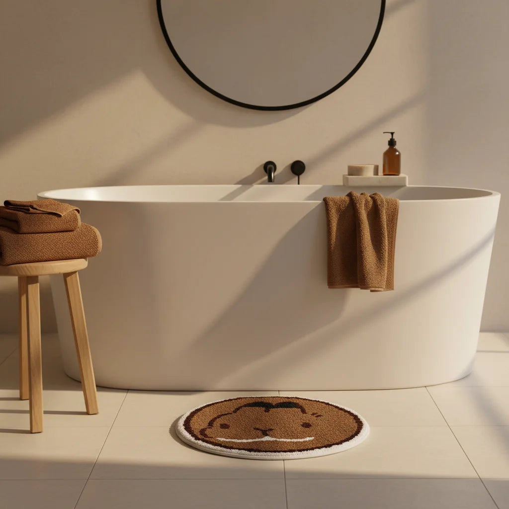 Tapis de Bain Rond Lapin Brun Caramel