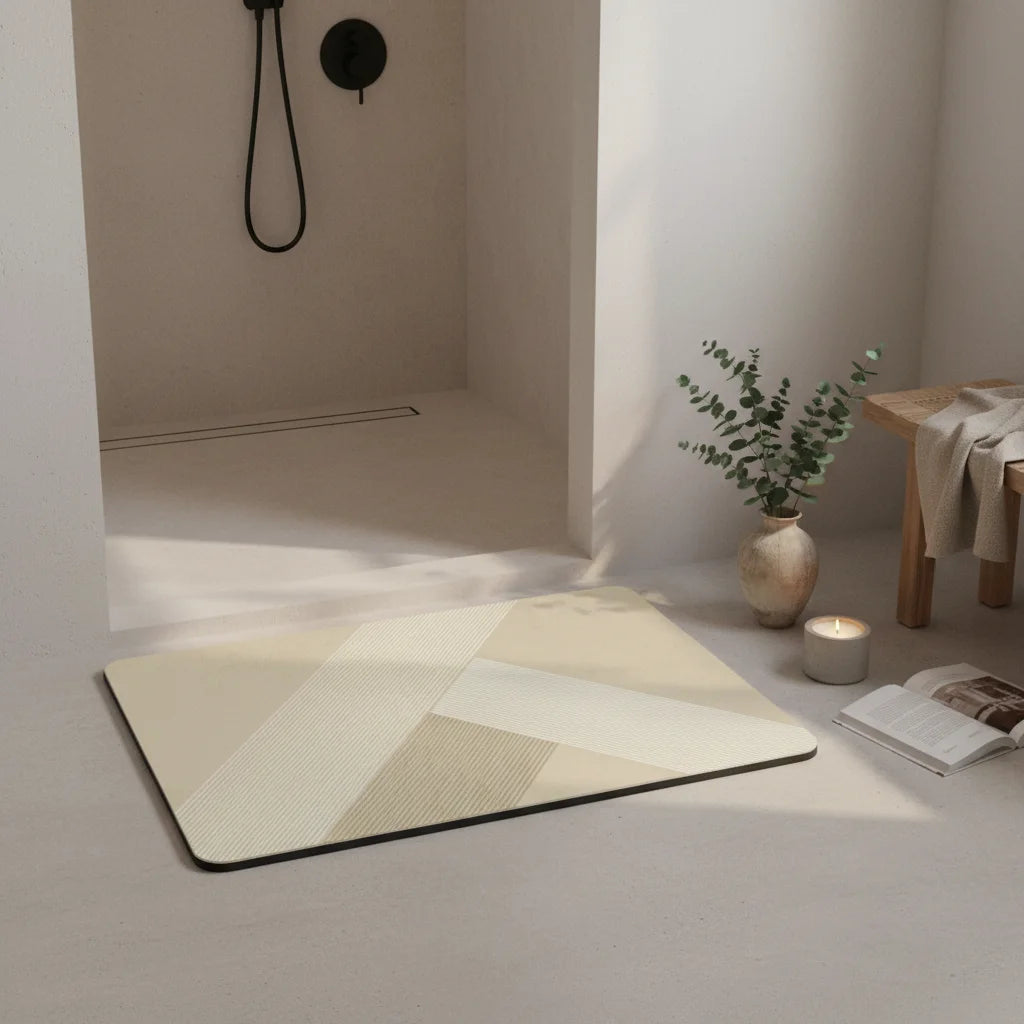 Tapis de Bain Terre de Diatomée Graphique Chevrons Beiges