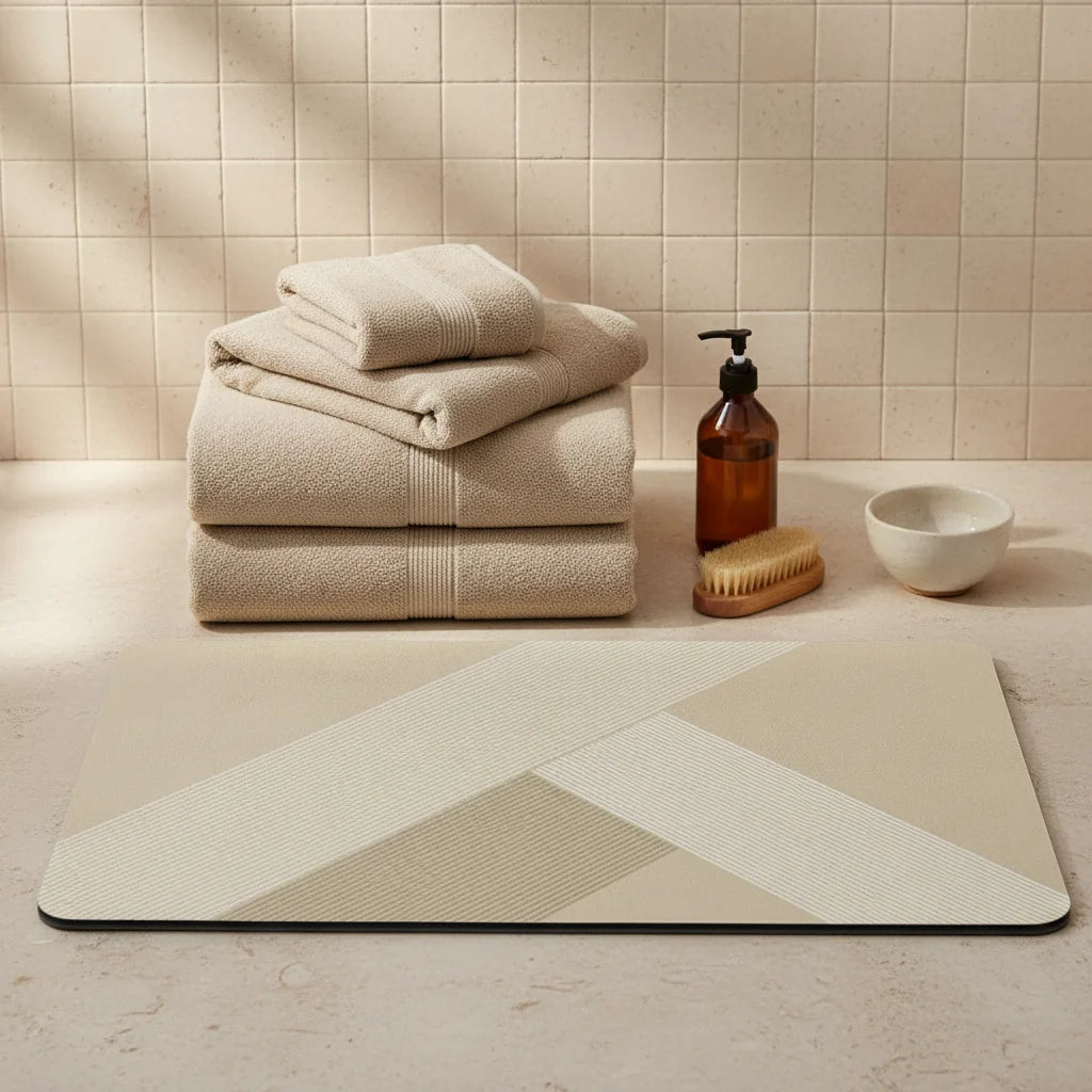 Tapis de Bain Terre de Diatomée Graphique Chevrons Beiges