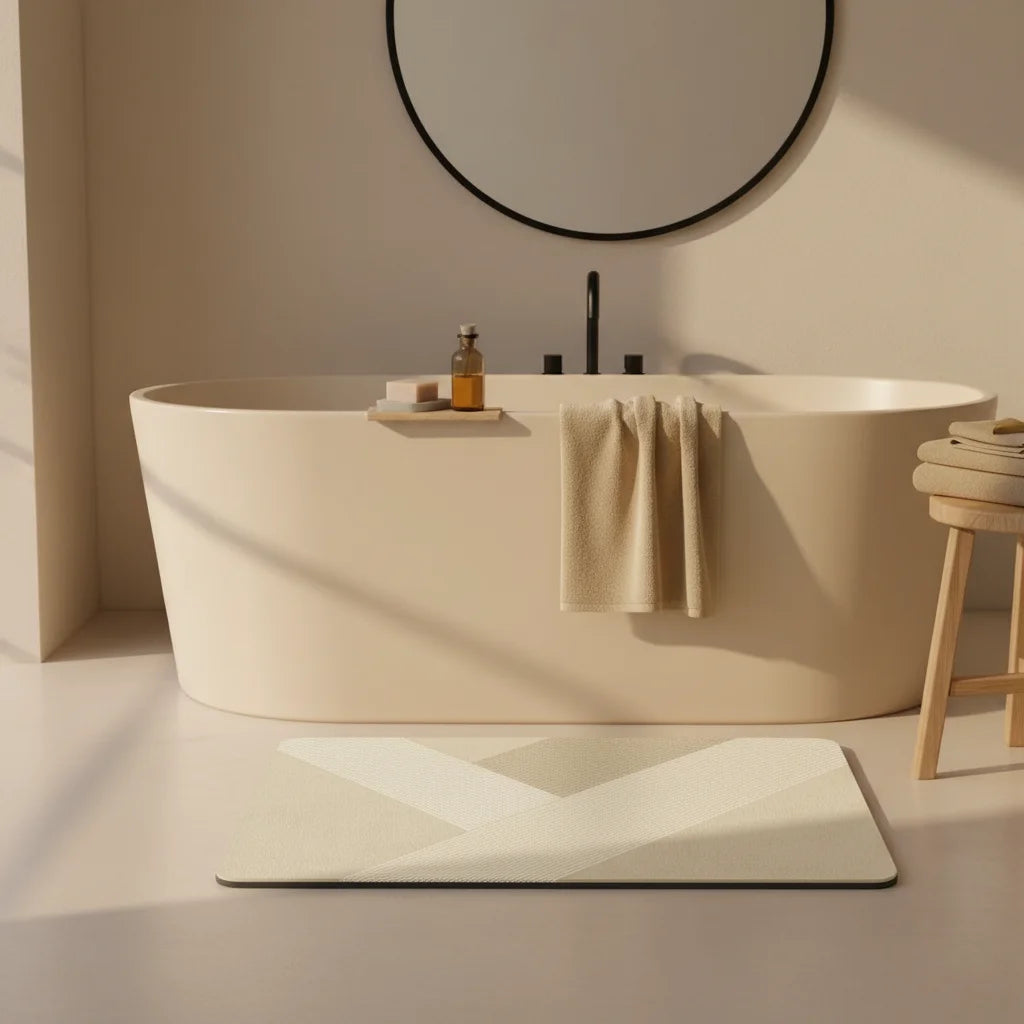 Tapis de Bain Terre de Diatomée Graphique Chevrons Beiges