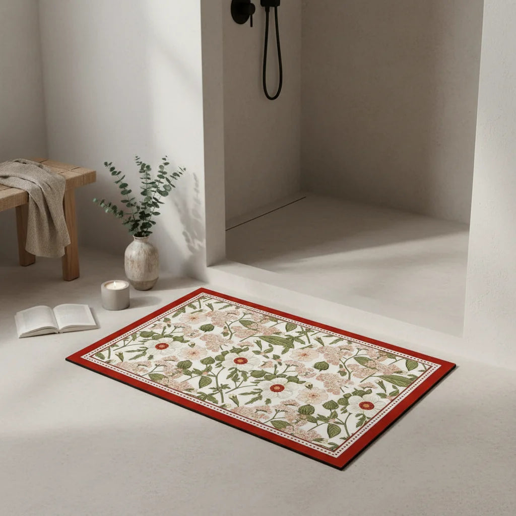 Tapis de Bain Ultra Absorbant en Diatomite Floral Bordeaux
