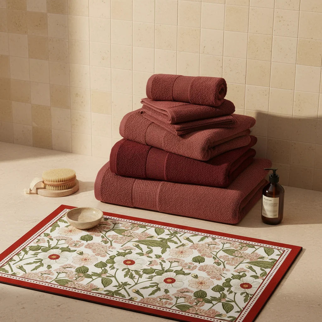 Tapis de Bain Ultra Absorbant en Diatomite Floral Bordeaux