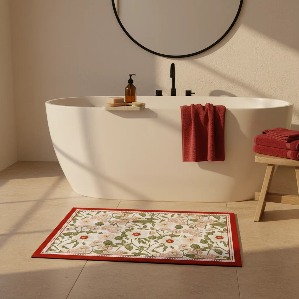 Tapis de Bain Ultra Absorbant en Diatomite Floral Bordeaux