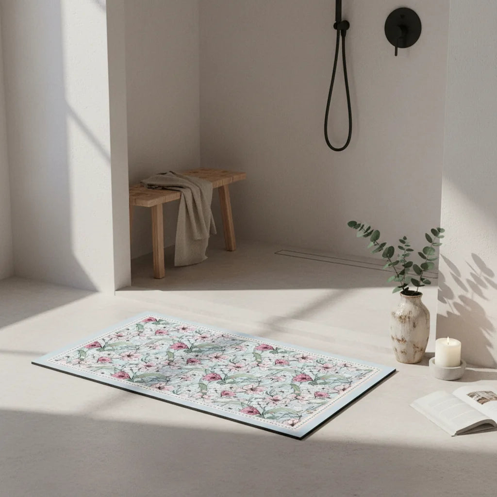 Tapis de Bain Ultra Absorbant en Diatomite Bleu Fleuri