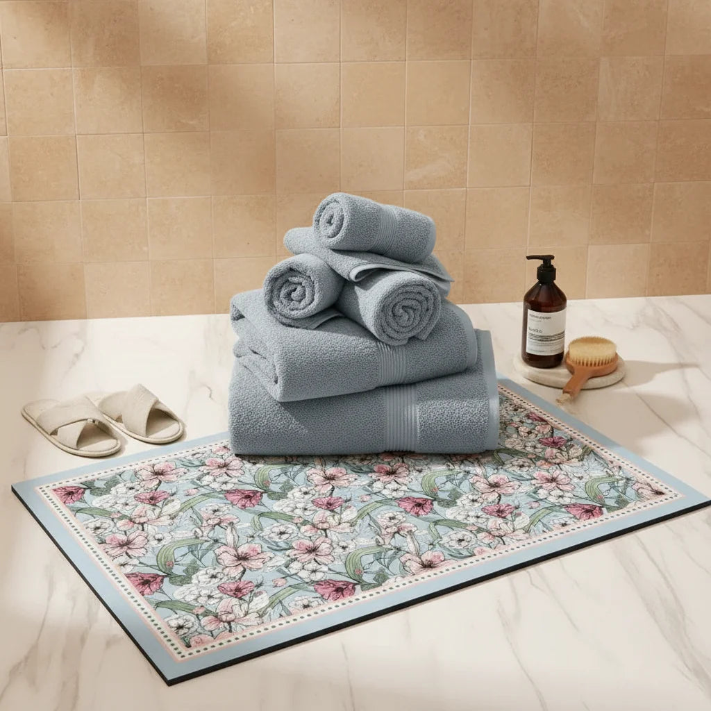 Tapis de Bain Ultra Absorbant en Diatomite Bleu Fleuri