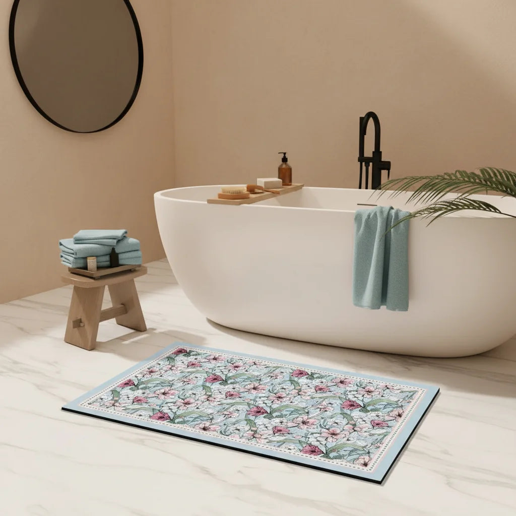 Tapis de Bain Ultra Absorbant en Diatomite Bleu Fleuri