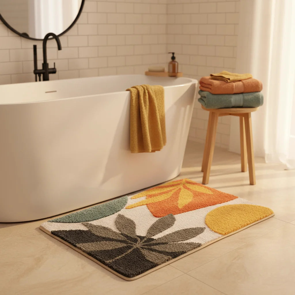 Tapis de Salle de Bain à Motif Zen Feuilles d'Été