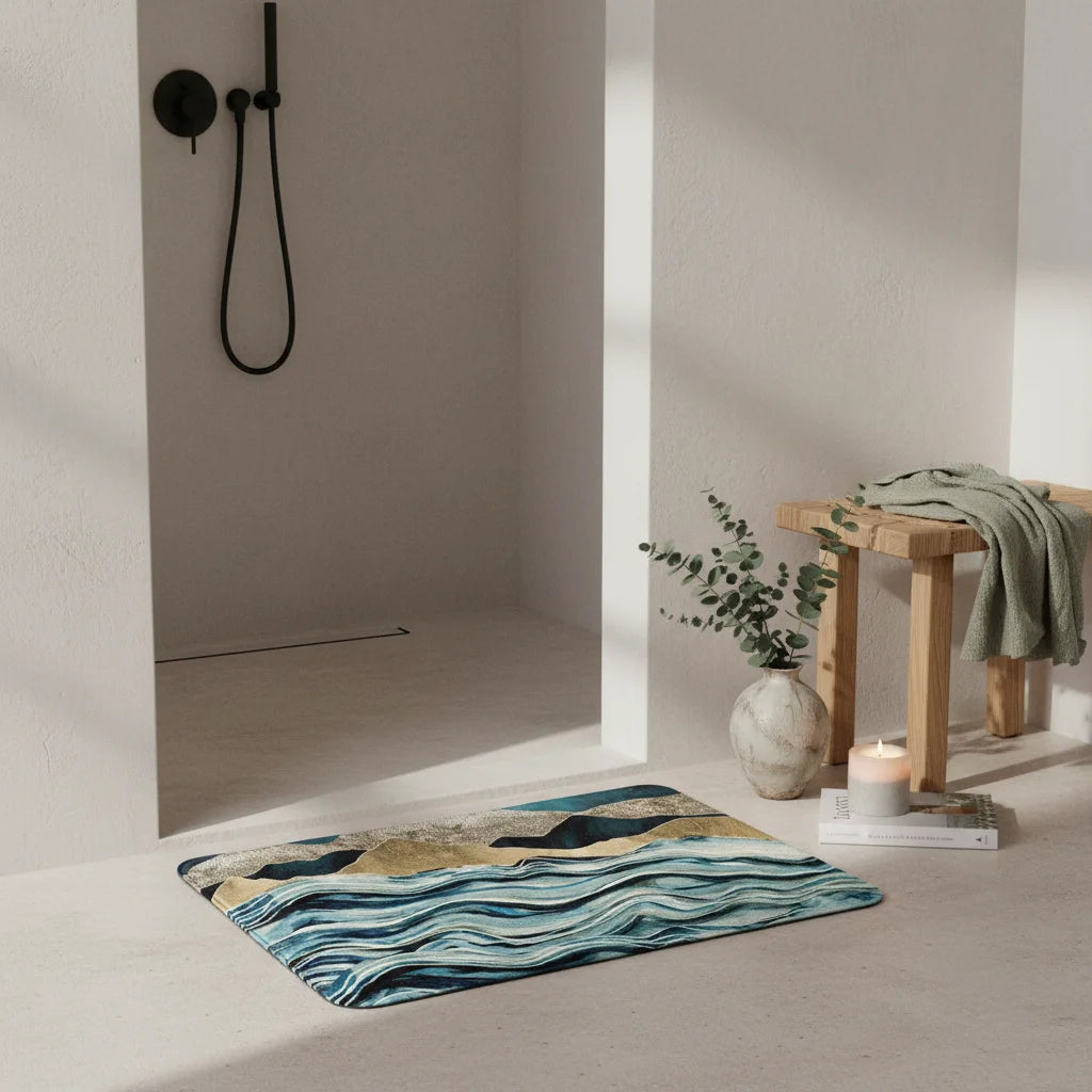 Tapis de Salle de Bain Marbre Bleu