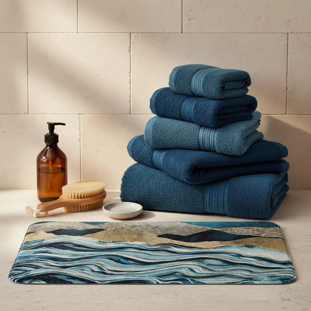 Tapis de Salle de Bain Marbre Bleu