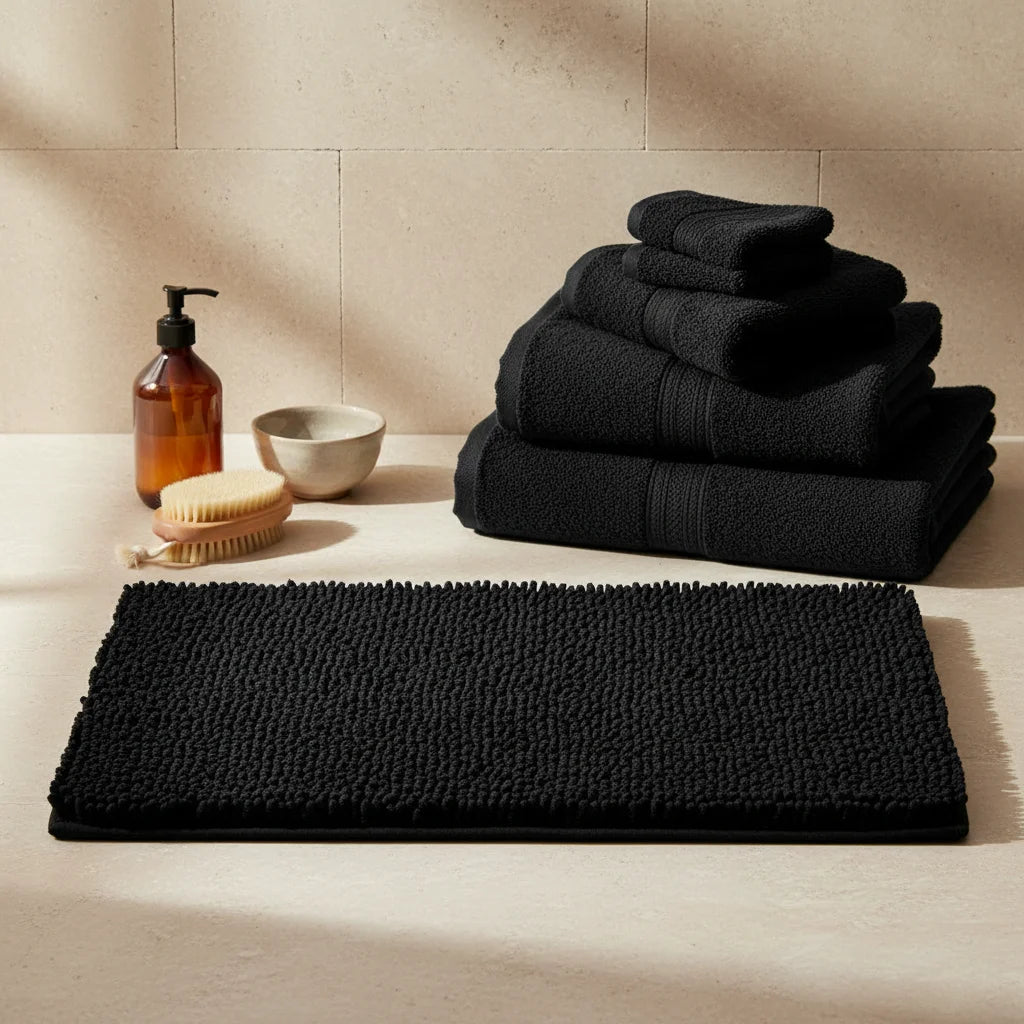 Tapis de Salle de Bain Microfibre Doux Noir Profond