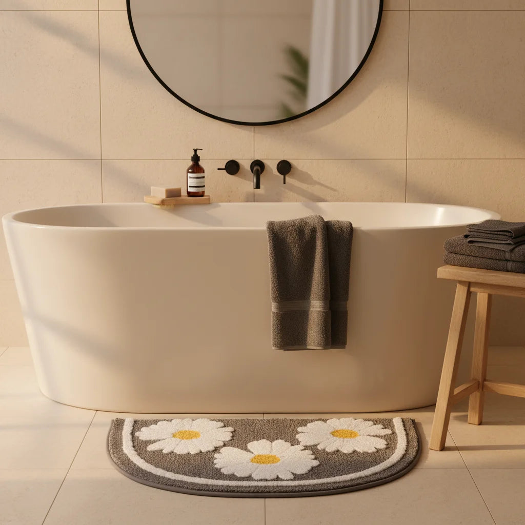 Tapis Demi Lune Originale Pour Salle de Bain Gray Flower 45x75cm