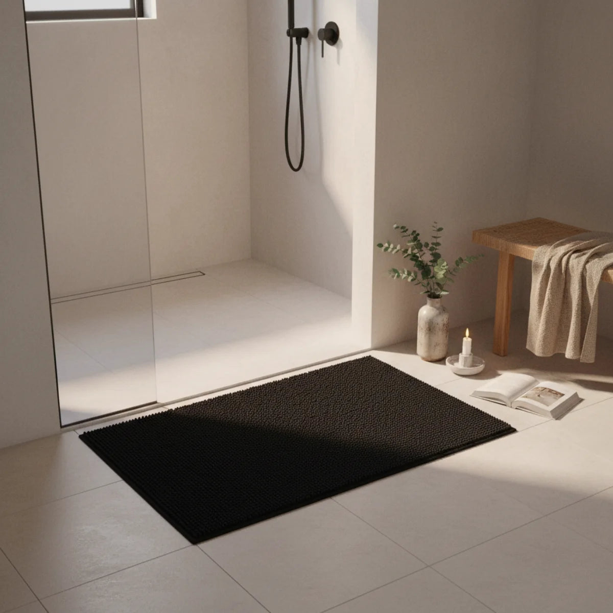Tapis Salle de Bain Doux Fin Noir Profond