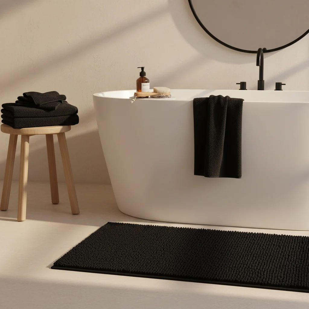 Tapis Salle de Bain Doux Fin Noir Profond