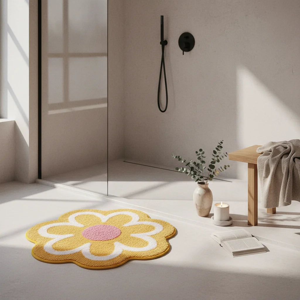 Tapis Salle de Bain en Forme de Fleur Jaune Soleil