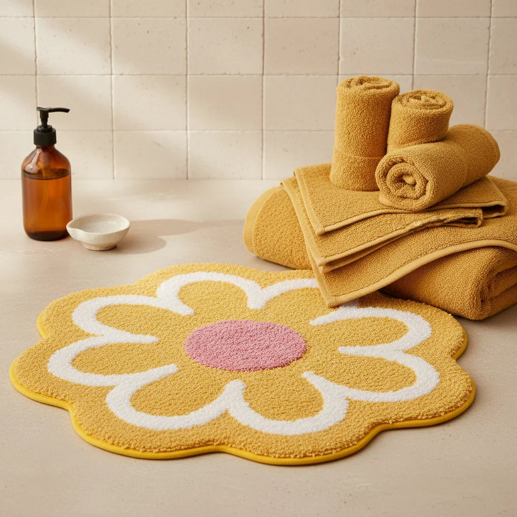 Tapis Salle de Bain en Forme de Fleur Jaune Soleil