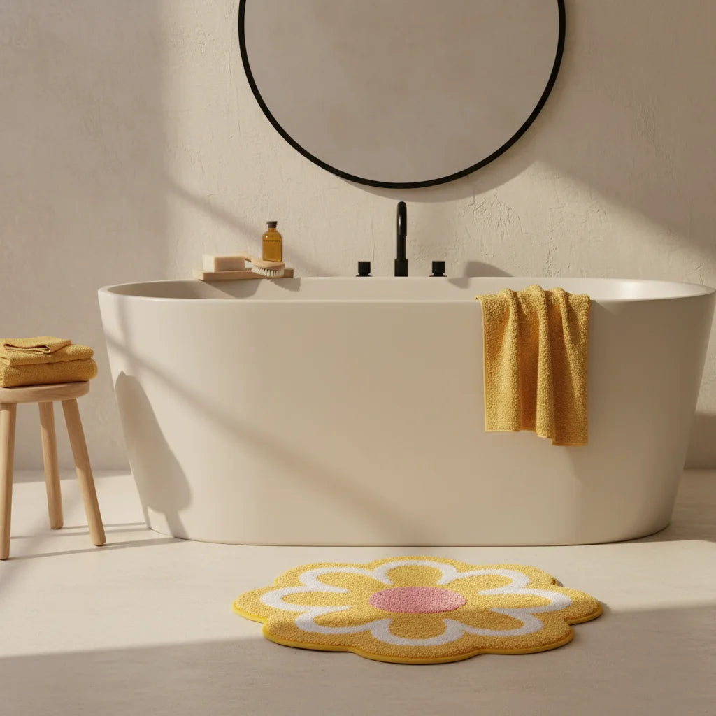 Tapis Salle de Bain en Forme de Fleur Jaune Soleil