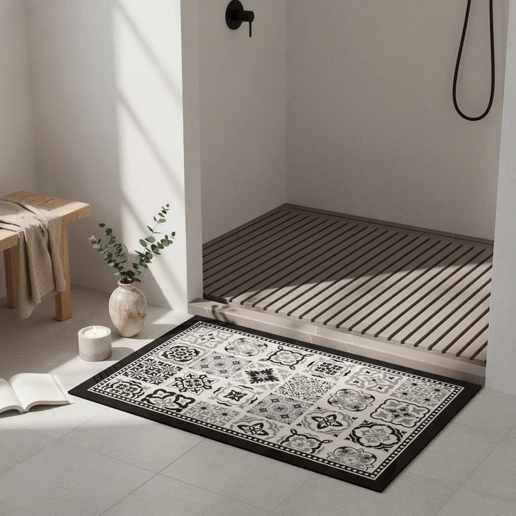 Tapis Vinyle Salle de Bain Carreaux Gris