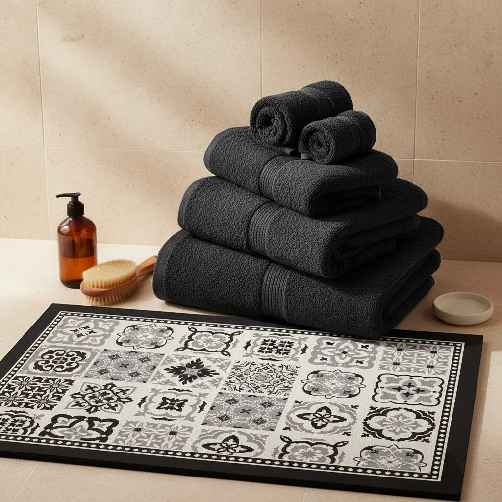 Tapis Vinyle Salle de Bain Carreaux Gris